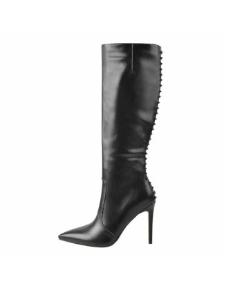 Rivet Pointed Toe Stiletto Knee High Boots