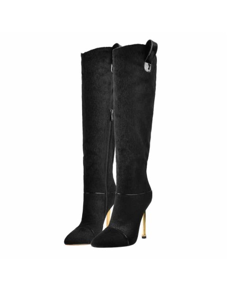 Suede Fur Pointed Toe Stiletto Knee High Boots
