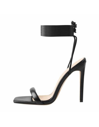 Black Squre Toe Stilettos High Heel Sandals