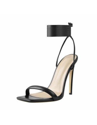 Black Squre Toe Stilettos High Heel Sandals