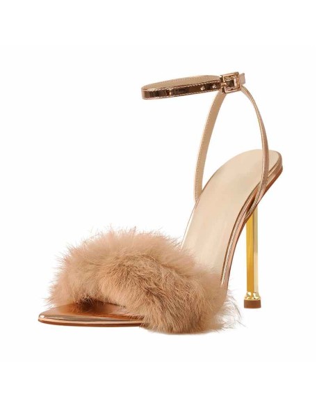 Rose Gold Feather Strap High Heel Stilettos Sandals