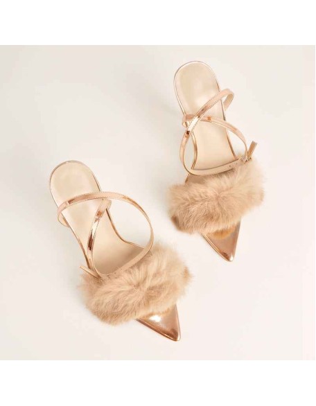Rose Gold Feather Strap High Heel Stilettos Sandals