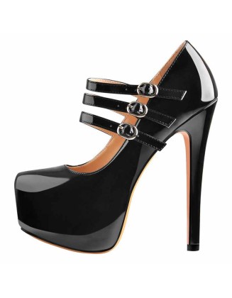 15cm Platform Round Toe Patent Black High Heel Stiletto Pumps