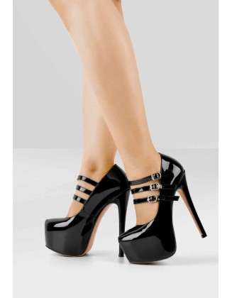 15cm Platform Round Toe Patent Black High Heel Stiletto Pumps