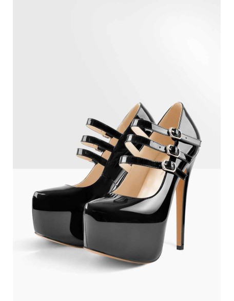 15cm Platform Round Toe Patent Black High Heel Stiletto Pumps