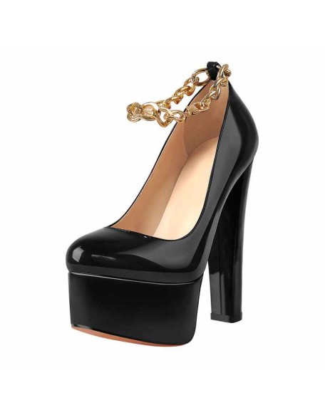 Black Round Toe Black Ankle Chain Platform Pumps
