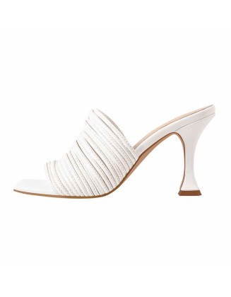 White Square Toe Open Toe High Heels Sandals Mules
