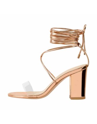 8cm Rose Gold Ankle Strap Square Toe Chunky Heels Sandals