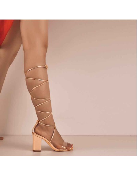 8cm Rose Gold Ankle Strap Square Toe Chunky Heels Sandals