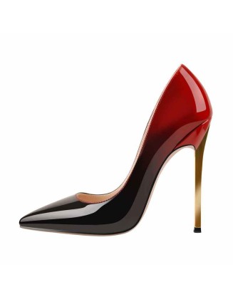 12cm Black Red Gradient Patent Leather Metal Heels Pumps