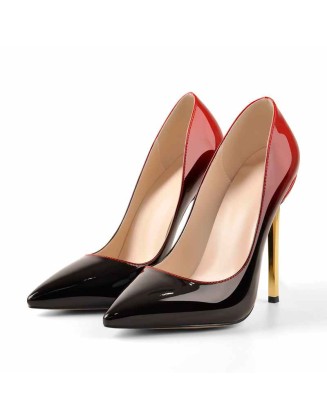 12cm Black Red Gradient Patent Leather Metal Heels Pumps