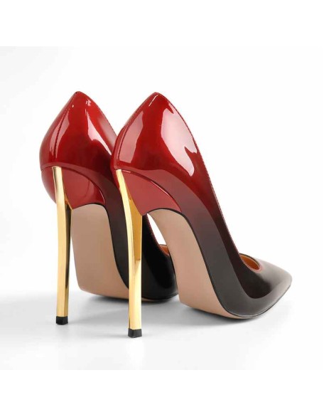 12cm Black Red Gradient Patent Leather Metal Heels Pumps