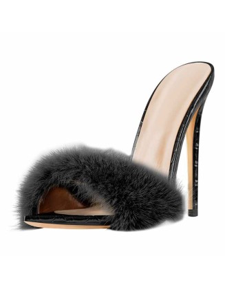 Black Feather High Heel Stilettos Sandals