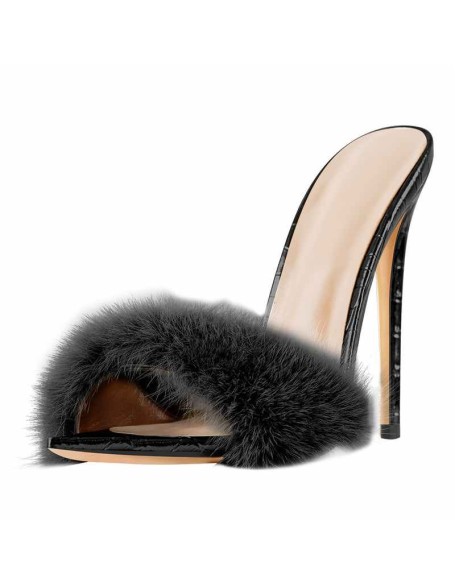 Black Feather High Heel Stilettos Sandals