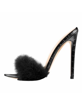 Black Feather High Heel Stilettos Sandals