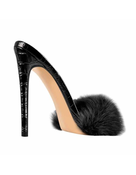 Black Feather High Heel Stilettos Sandals