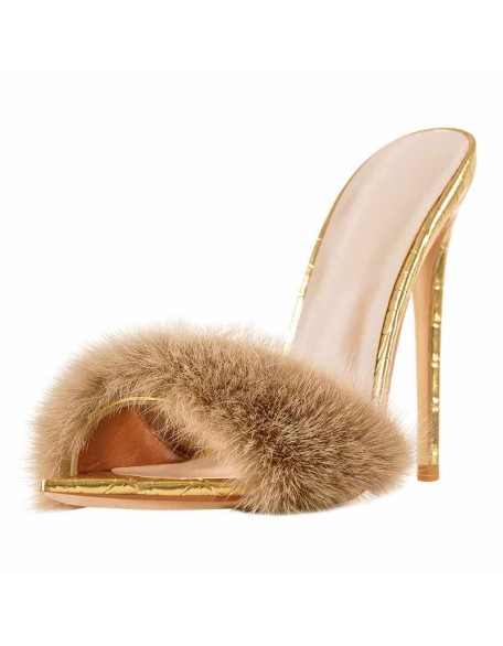 Gold Feather High Heel Stilettos Sandals