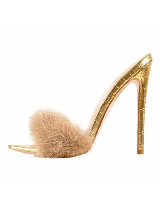 Gold Feather High Heel Stilettos Sandals