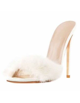 White Open Toe Feather High Heel Stilettos Sandals