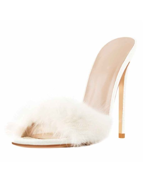 White Open Toe Feather High Heel Stilettos Sandals