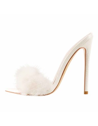 White Open Toe Feather High Heel Stilettos Sandals