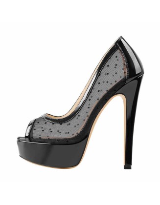 Peep Toe Black Platform Grid High Heel Stiletto Pumps
