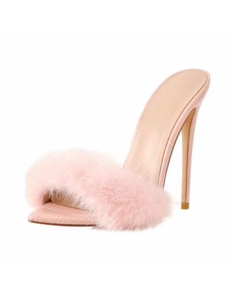 Pink Feather Open Toe High Heel Stilettos Sandals