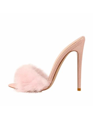 Pink Feather Open Toe High Heel Stilettos Sandals
