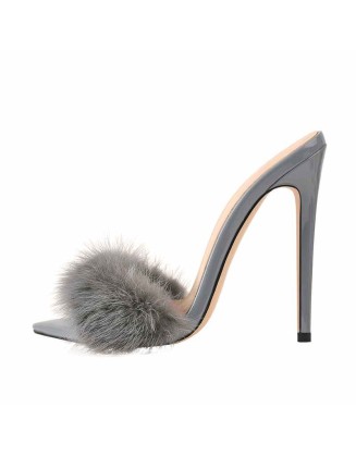 Gray Feather Pointed Toe High Heel Stilettos Sandals