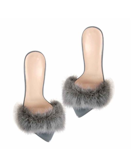 Gray Feather Pointed Toe High Heel Stilettos Sandals