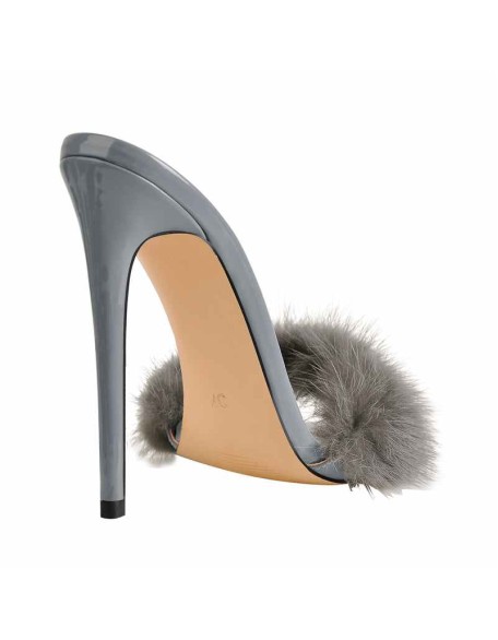 Gray Feather Pointed Toe High Heel Stilettos Sandals