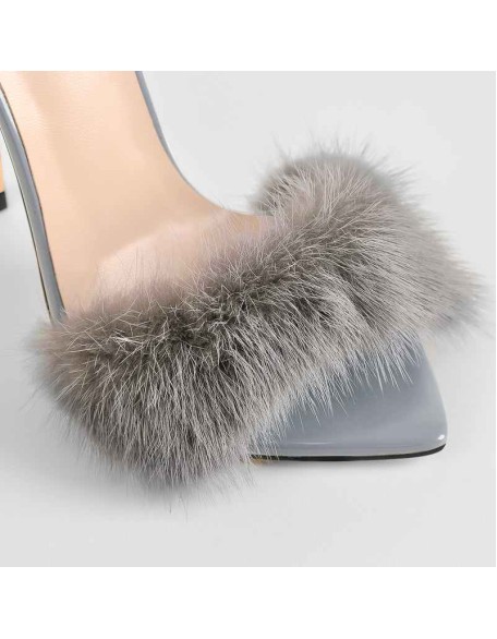 Gray Feather Pointed Toe High Heel Stilettos Sandals