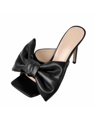 Black Bow Leather Square Toe High Stiletto Heels Sandals