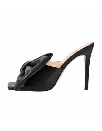 Black Bow Leather Square Toe High Stiletto Heels Sandals