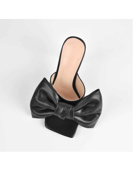 Black Bow Leather Square Toe High Stiletto Heels Sandals