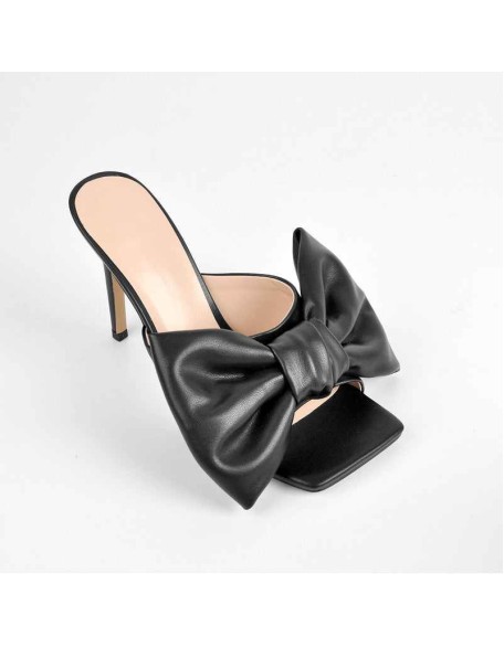 Black Bow Leather Square Toe High Stiletto Heels Sandals