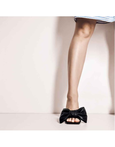 Black Bow Leather Square Toe High Stiletto Heels Sandals