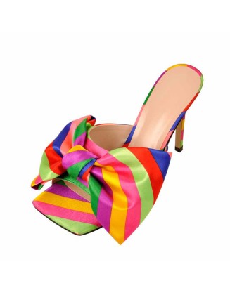 Colour Bow Leather Square Toe High Stiletto Heels Sandals