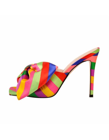 Colour Bow Leather Square Toe High Stiletto Heels Sandals