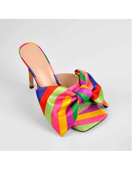 Colour Bow Leather Square Toe High Stiletto Heels Sandals