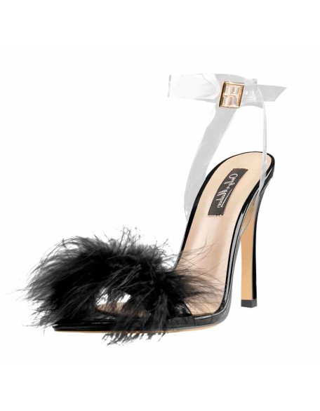 Black Feather High Heel Clear Strap Stilettos Sandals