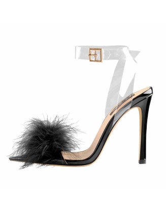 Black Feather High Heel Clear Strap Stilettos Sandals