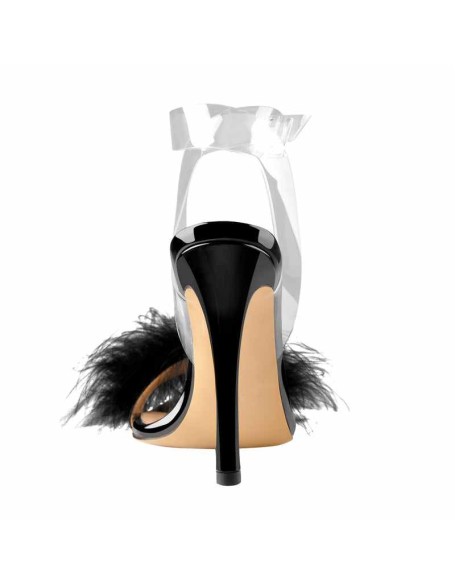 Black Feather High Heel Clear Strap Stilettos Sandals