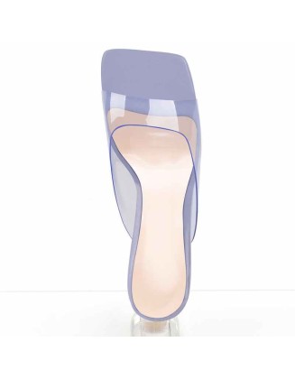 Blue Transparent Chunky Heel Square Toe Sandals