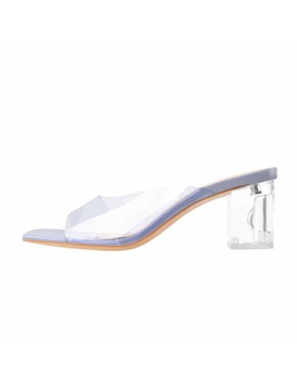 Blue Transparent Chunky Heel Square Toe Sandals