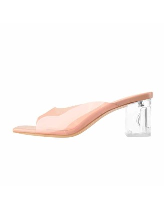 Baby Pink Transparent Chunky Heel Square Toe Sandals