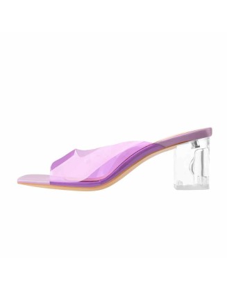 Purple Transparent Chunky Heel Square Toe Sandals