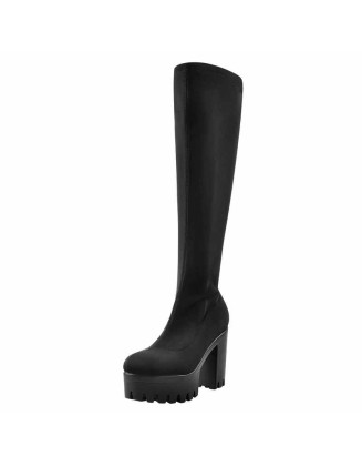 Black Platform Knee Chunky Heels Boots