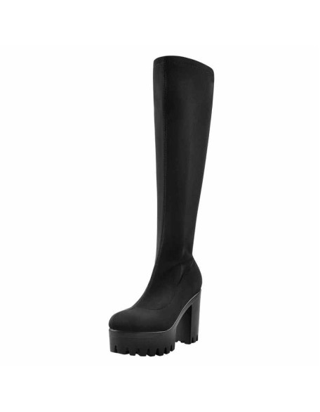 Black Platform Knee Chunky Heels Boots