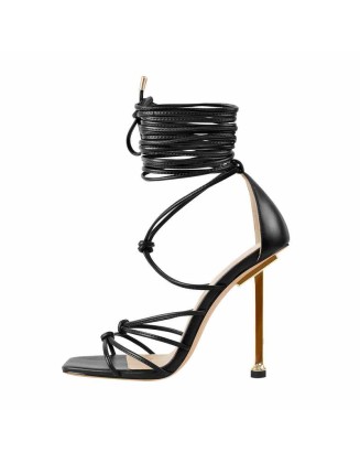 Ankle Strap Square Toe Stilettos Metal Heel Sandals